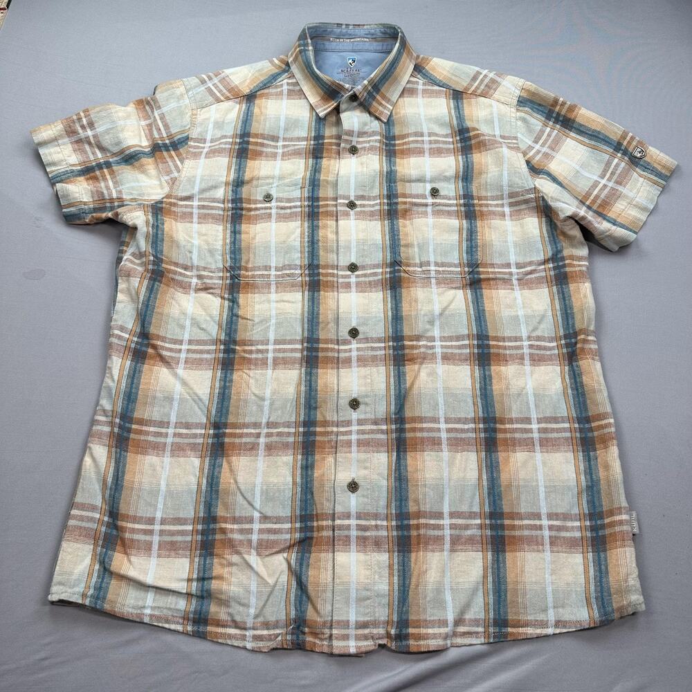 Kuhl Shirt Mens Medium Brown Blue Plaid Linen Blend Outdoors Dual Pockets Hiking